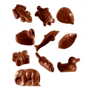 Chocolate World CW1541 Polycarbonate Assorted Animals Chocolate Mold - 1x20 Cavity - 10 Figures - 7.5 gr - 275x135x24mm Theme...