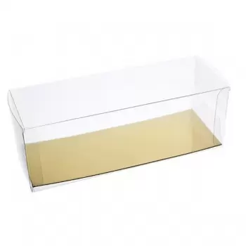 Clear Rectangle Plastic box for Cake Log with Gold Cakeboard - 22 x 12 x 10 cm - Pack of 25