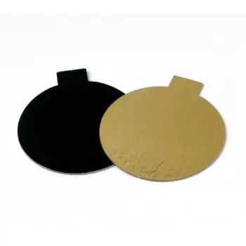 Pastry Chef's Boutique 15558 Round Monoportion Double Sided Gold / Black Cake Board - 10 cm - 4'' - 200 pcs Mono Cake Boards