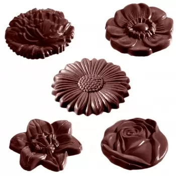 Caraque Flower Chocolate Mold (Polycarbonate) - 5 Figures - 45 x 45 x 7 mm - 10gr - 3x5 Cavity - 275x175x24mm