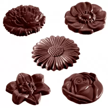 Caraque Flower Chocolate Mold (Polycarbonate) - 5 Figures - 45 x 45 x 7 mm - 10gr - 3x5 Cavity - 275x175x24mm