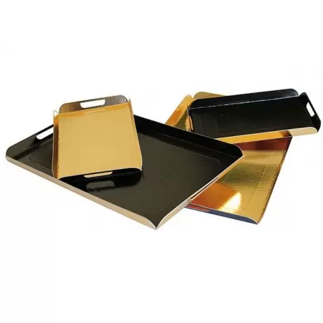 Pastry Chef's Boutique 15984 Black and Gold Folded Tray - Cardboard - 42cm x 28cm - Pack of 25 Plates and Trays