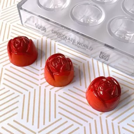 Chocolate World CW2244 Polycarbonate Rose Flower Chocolate Mold - 28 x 28 x 20 mm - 12 gr - 4x8 Cavity - 275x175x24mm Valenti...