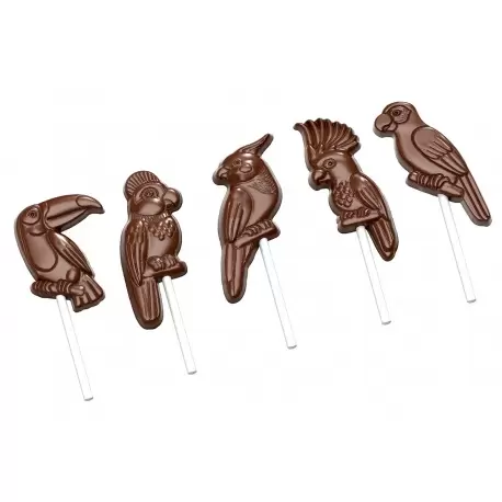 Chocolate World CW1954 Polycarbonate Tropical Birds Lollipop Chocolate Mold - 5 Cavity - Different Figures - 275x135x24mm The...