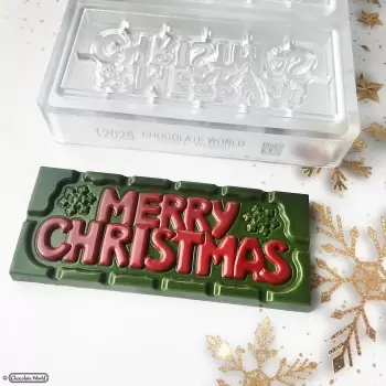 Chocolate World CW12025 Polycarbonate Merry Christmas Tablet Chocolate Mold - 118 x 50 x 8 mm - 45gr - 1x4 Cavity - 275x135x2...