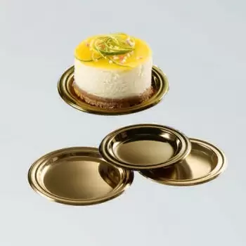 Pastry Chef's Boutique 0417027 Gold Plastic Monoportion Cake Pastry Plates - Ø 95 mm - 125 pcs Mono Cake Boards