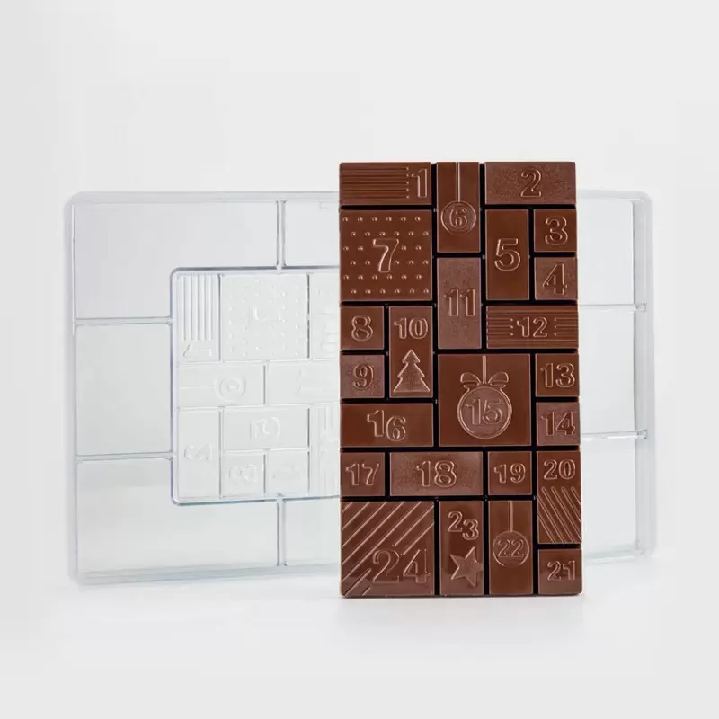 Professional Polycarbonate Christmas Countdown Advent Calendar Chocolate Bar Mold - 100mm x 180mm x h 10.5mm - 200 gr