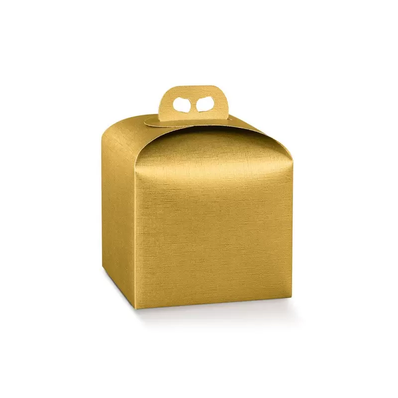 Gold Fiber Linen Texture Panettone Cardboard Box with Handle - 100 mm x 100 mm x 100 mm - Pack of 25