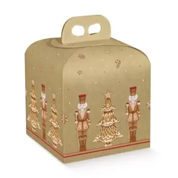 Kraft Holiday Gingerbread Nutcracker Panettone Cardboard Box with Handle - 200 mm x 200 mm x 180 mm - Pack of 25