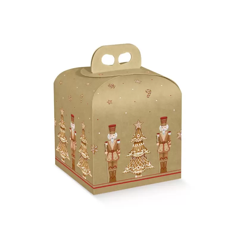 Kraft Holiday Gingerbread Nutcracker Panettone Cardboard Box with Handle - 200 mm x 200 mm x 180 mm - Pack of 25