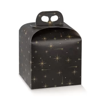 Deluxe Black and Gold Stars Panettone Carboard Box with handle - 200 mm x 200 mm x 180 mm - 25 pcs -