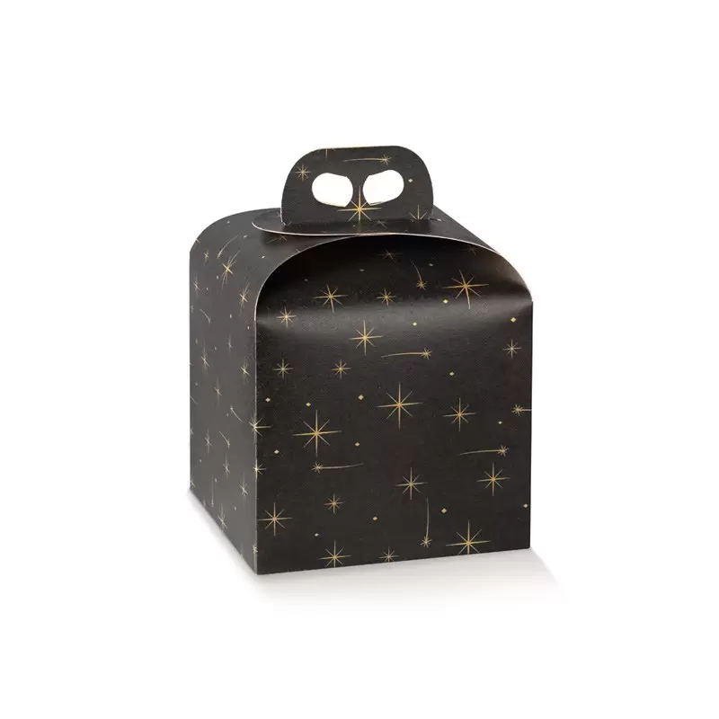 Deluxe Black and Gold Stars Panettone Carboard Box with handle - 200 mm x 200 mm x 180 mm - 25 pcs -