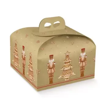 Kraft Holiday Gingerbread Nutcracker Panettone Cardboard Box with Handle - 245 mm x 245 mm x 130 mm - Pack of 25