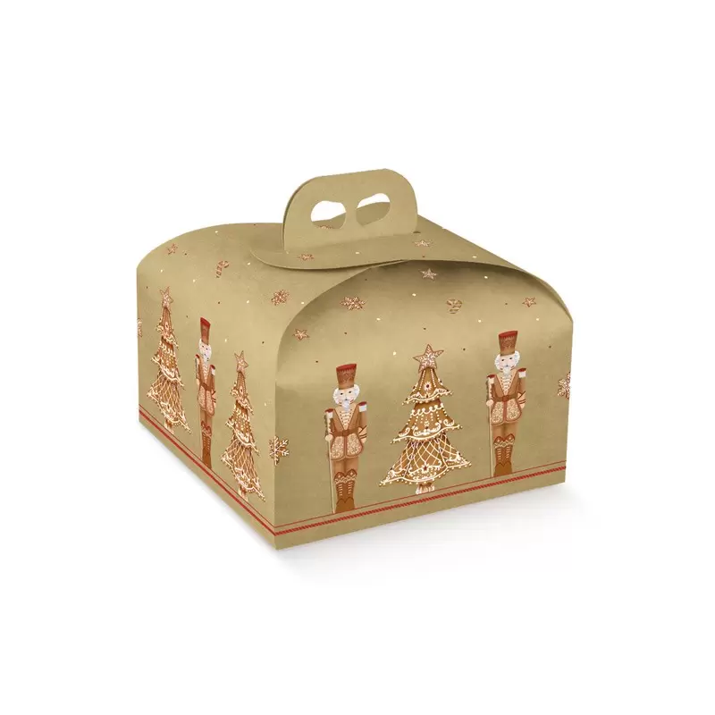 Kraft Holiday Gingerbread Nutcracker Panettone Cardboard Box with Handle - 245 mm x 245 mm x 130 mm - Pack of 25