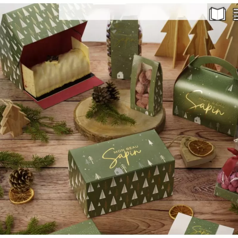 Deluxe Green Sapin Holiday Rectangle Dessert Buche Yule Log Cake Box - 300 mm x 130 mm x 110 mm - Pack of 25