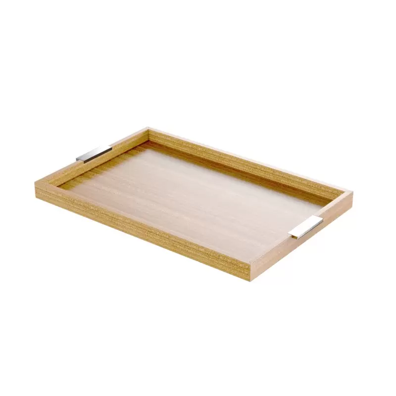 Craster Modern Stainless Steel Handled Tray Oak Lacquered 625 × 405 × 40 mm