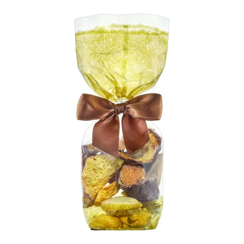 Clear Cellophane Candy and Chocolate Bags with Golden Lace Print and Cardboard Bottom - 120mm x 260mm - 100pcs