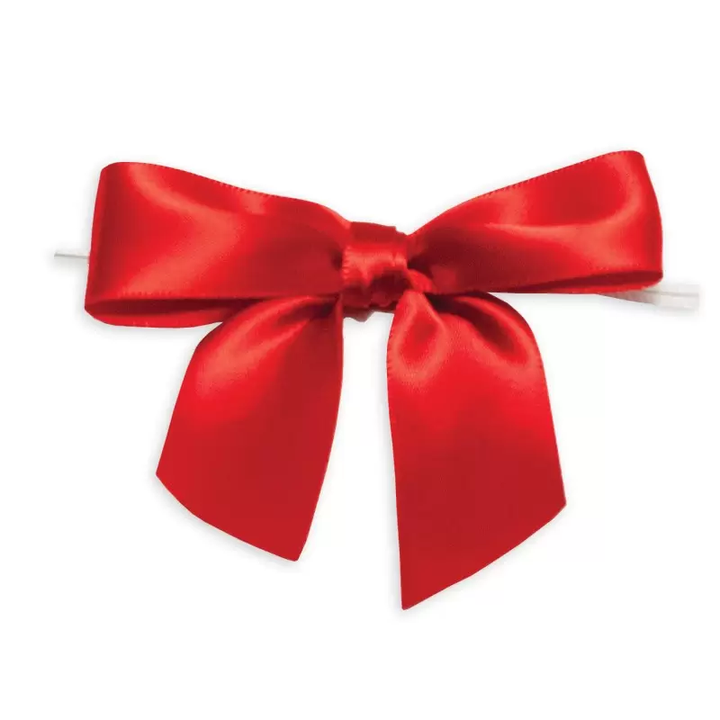 Red Satin Twist Tie Bows For Candy and Chocolate Bags - 1" Wide Ribbon x 3 1/2" Bow Width - 50pcs