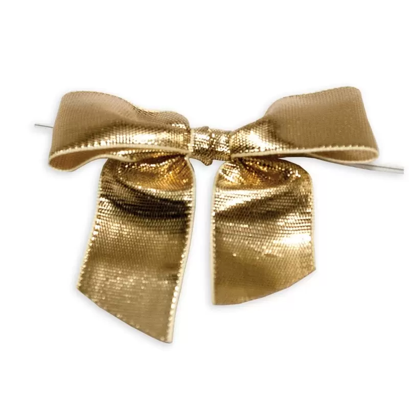 Gold Satin Twist Tie Bows For Candy and Chocolate Bags - 1" Wide Ribbon x 3 1/2" Bow Width - 50pcs