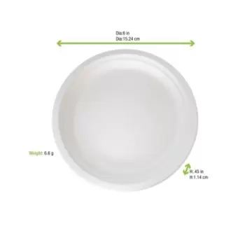 PacknWood Sugarcane White Round Plate - Diam.6'' - 1000 pcs