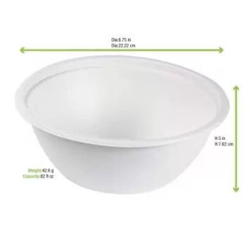 PacknWood White Sugarcane Salad Bowl - 80oz Diam.9.4 H:3.3'' - 100 pcs