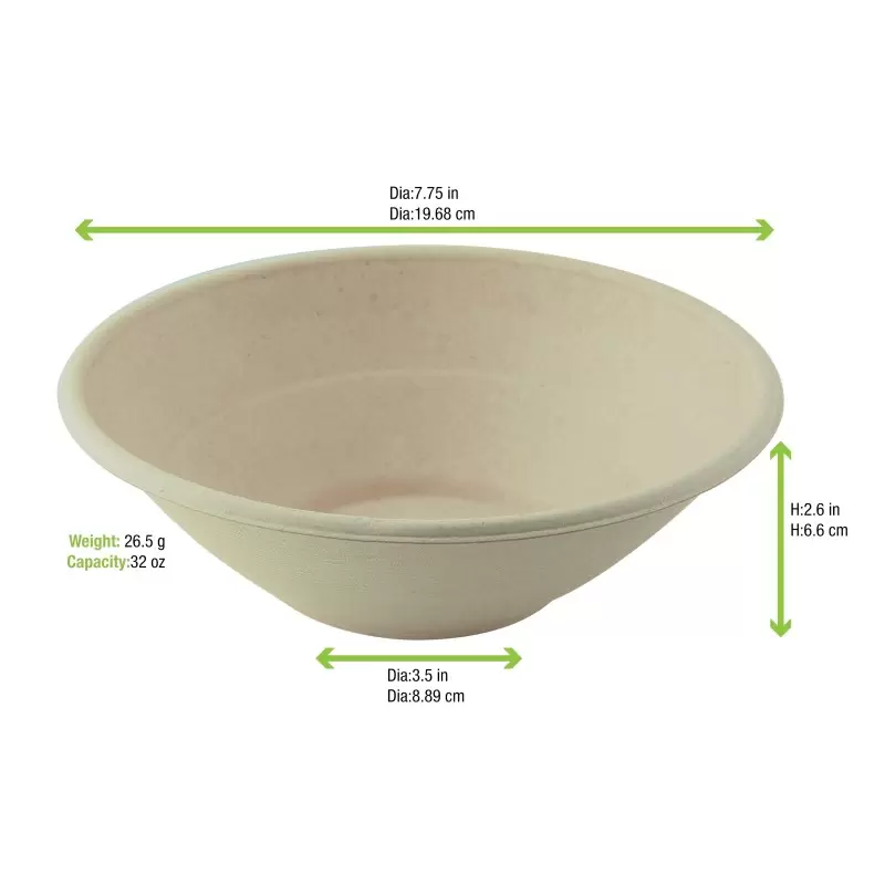 PacknWood Round Brown Sugarcane Bowl - 32oz Diam.7.7'' H:2.5'' - 250 pcs