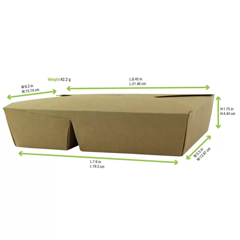 PacknWood 2-Compartment Kraft Cardboard Meal Box - 33oz 6.61 x 5.35 x 2.56'' - 200 pcs