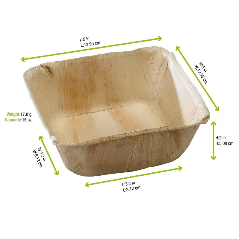 PacknWood Square Palm Leaf Bowl - 16oz 5 x 5 x 2'' - 100 pcs