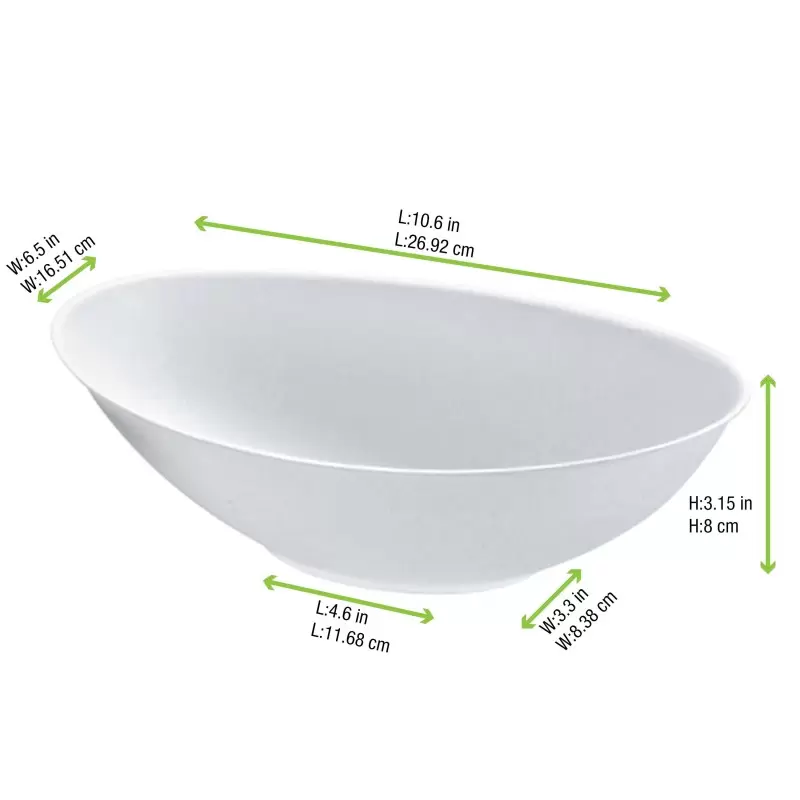 PacknWood Bio N Chic Oval White Sugarcane Bowl - 51oz 10.6 x 6.2'' - 100 pcs