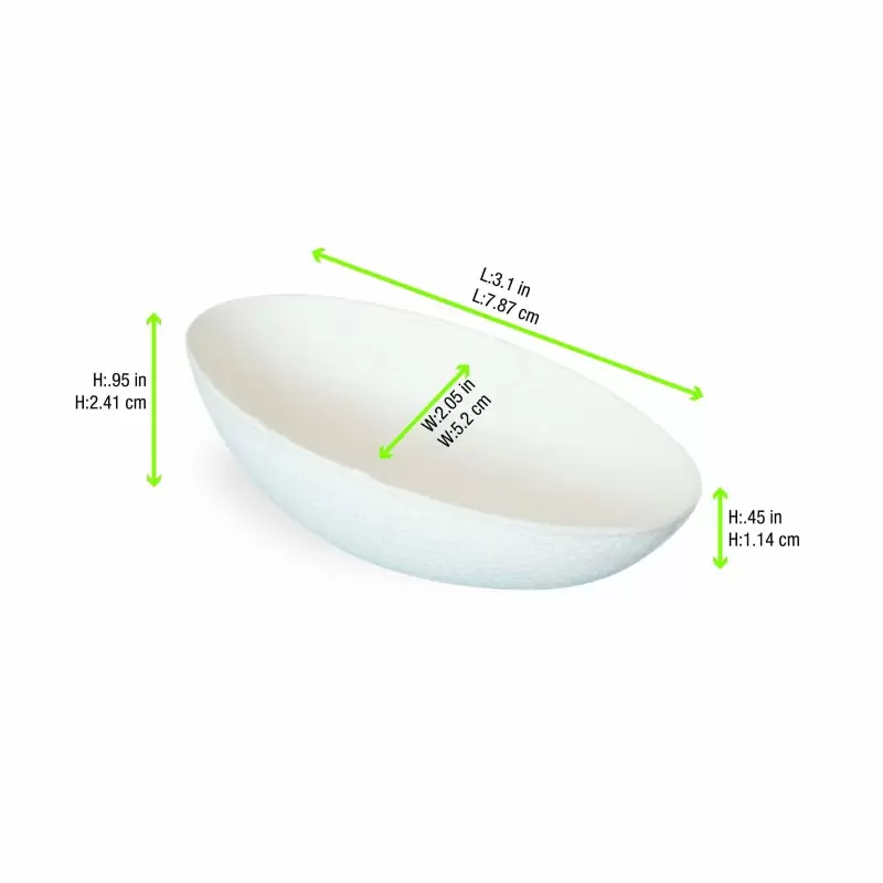 PacknWood Bio N Chic Egg Shaped White Sugarcane Dish - 1oz 3.1 x 2.1 x 1.1'' - 300 pcs