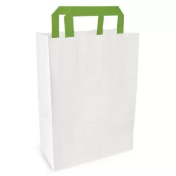 PacknWood White Paper Bag With Green Handles - H:11'' Gusset:6.6 x 10.3'' - 250 pcs