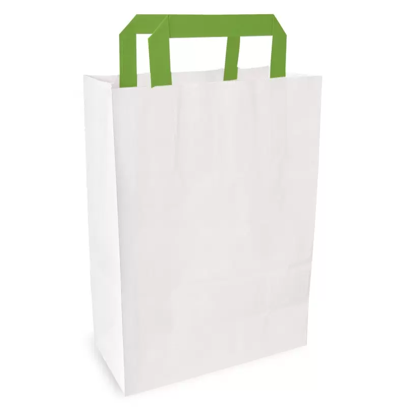 PacknWood White Paper Bag With Green Handles - H:11'' Gusset:6.6 x 10.3'' - 250 pcs