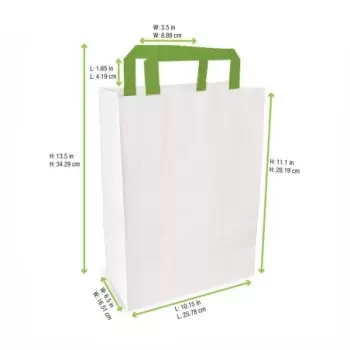 PacknWood White Paper Bag With Green Handles - H:11'' Gusset:6.6 x 10.3'' - 250 pcs