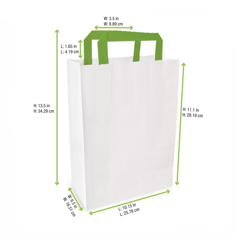 PacknWood White Paper Bag With Green Handles - H:11'' Gusset:6.6 x 10.3'' - 250 pcs