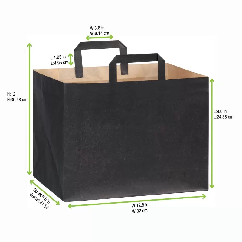 PacknWood Large & Wide Black Paper Bag With Handle - H:9.65'' Gusset:12.5 x 8.7'' - 250 pcs