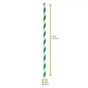 PacknWood Durable Green & White Striped Cocktail Paper Straws - Unwrapped - Diam.0.2'' H:5.7'' - 3000 pcs