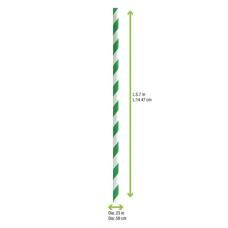 PacknWood Durable Green & White Striped Cocktail Paper Straws - Unwrapped - Diam.0.2'' H:5.7'' - 3000 pcs