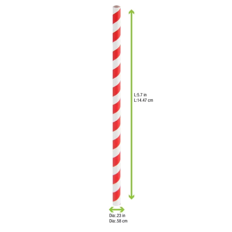 PacknWood Durable Red & White Striped Cocktail Paper Straws - Unwrapped - Diam.0.2'' H:5.7'' - 3000 pcs