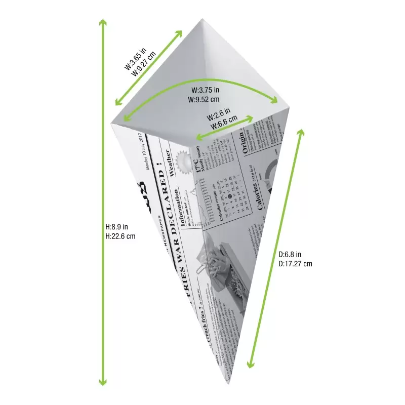 PacknWood Sturdy Paper Cones With Newspaper Print - 8.4oz 6.3 x 5.1'' - 1000 pcs