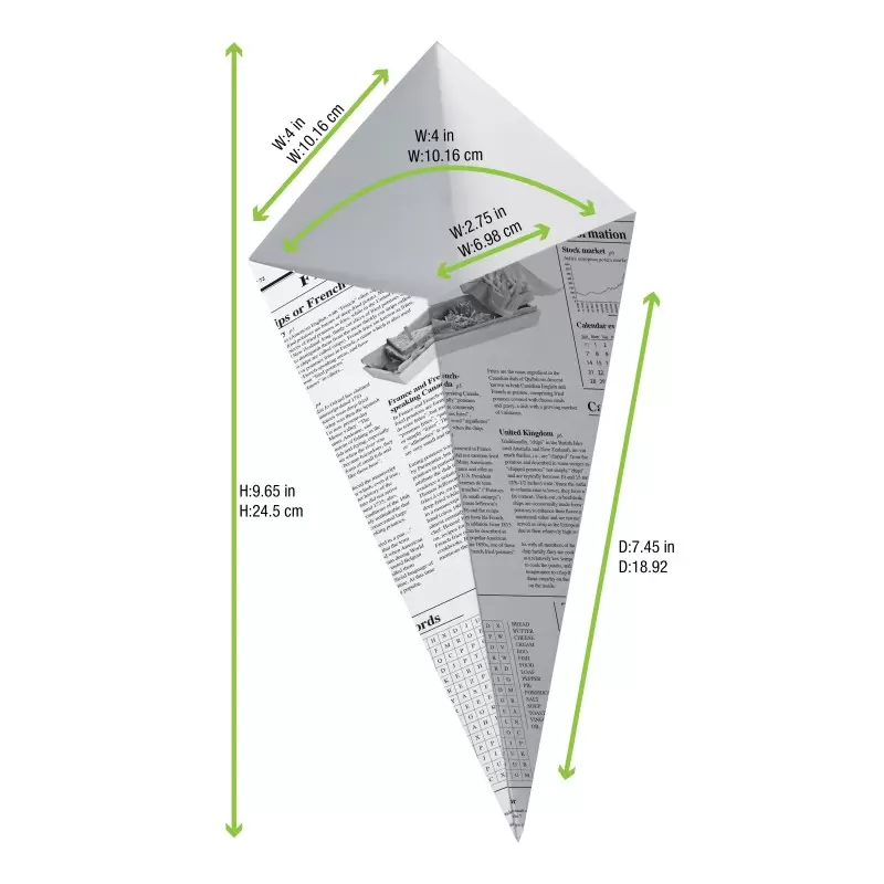 PacknWood Sturdy Paper Cones With Newspaper Print - 11oz 6.9 x 5.7'' - 1000 pcs