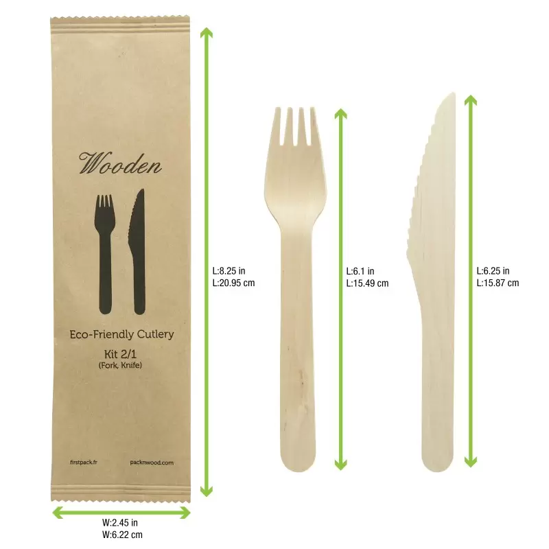 PacknWood Wooden Cutlery 2-1 Kit (Knife + Fork) - 6.2'' - 250 pcs