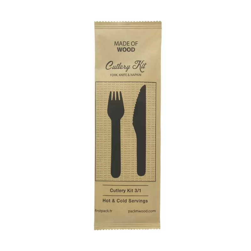 PacknWood Wooden Cutlery 3-1 Kit (Knife + Fork + Napkin) - 6.2'' - 250 pcs