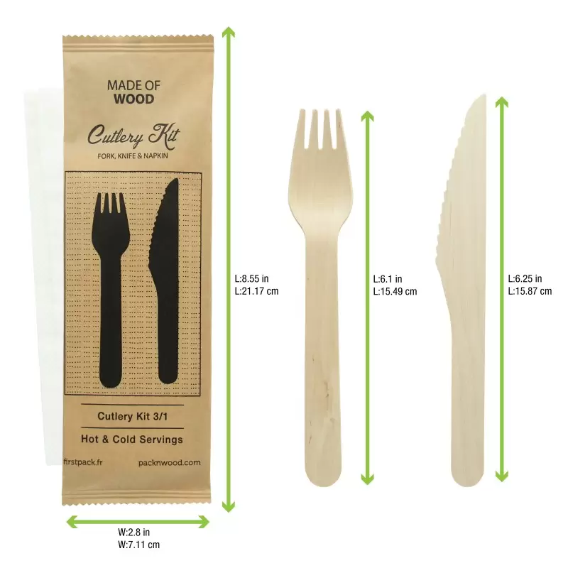 PacknWood Wooden Cutlery 3-1 Kit (Knife + Fork + Napkin) - 6.2'' - 250 pcs