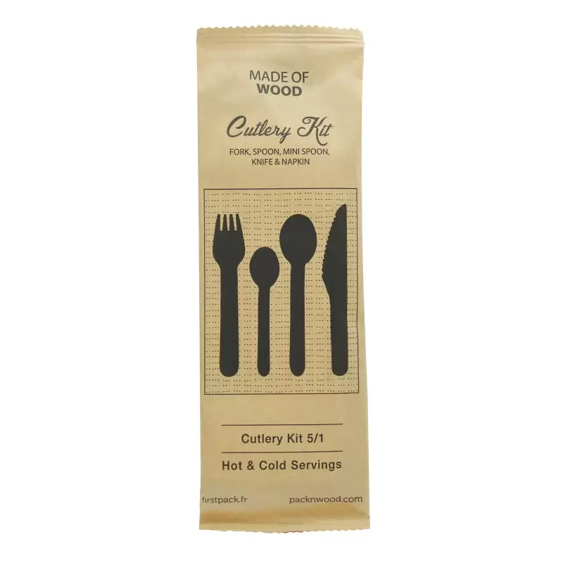 PacknWood Wooden Cutlery 5-1 Kit (Knife + Fork + Spoon + Mini Spoon + Napkin) - 6.2'' - 250 pcs