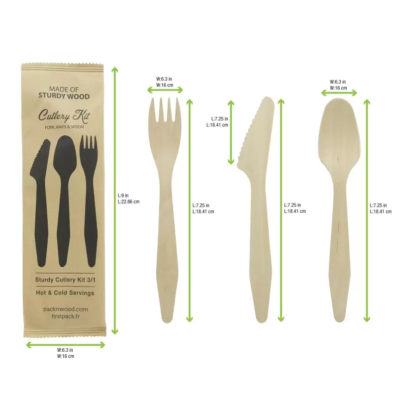 PacknWood Heavy Weight Wooden Cutlery 3-1 Kit (Knife + Fork + Spoon) - 7.3'' - 250 pcs