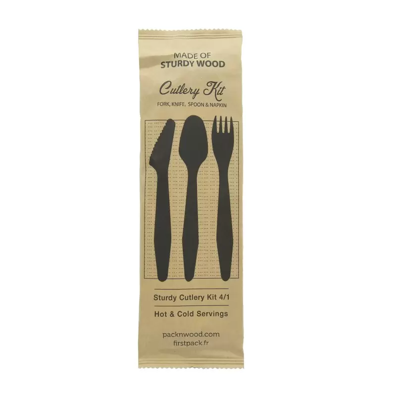 PacknWood Heavy Weight Wooden Cutlery 4-1 Kit (Knife + Fork + Spoon + Napkin) - 7.3'' - 250 pcs