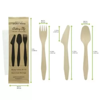 PacknWood Heavy Weight Wooden Cutlery 4-1 Kit (Knife + Fork + Spoon + Napkin) - 7.3'' - 250 pcs