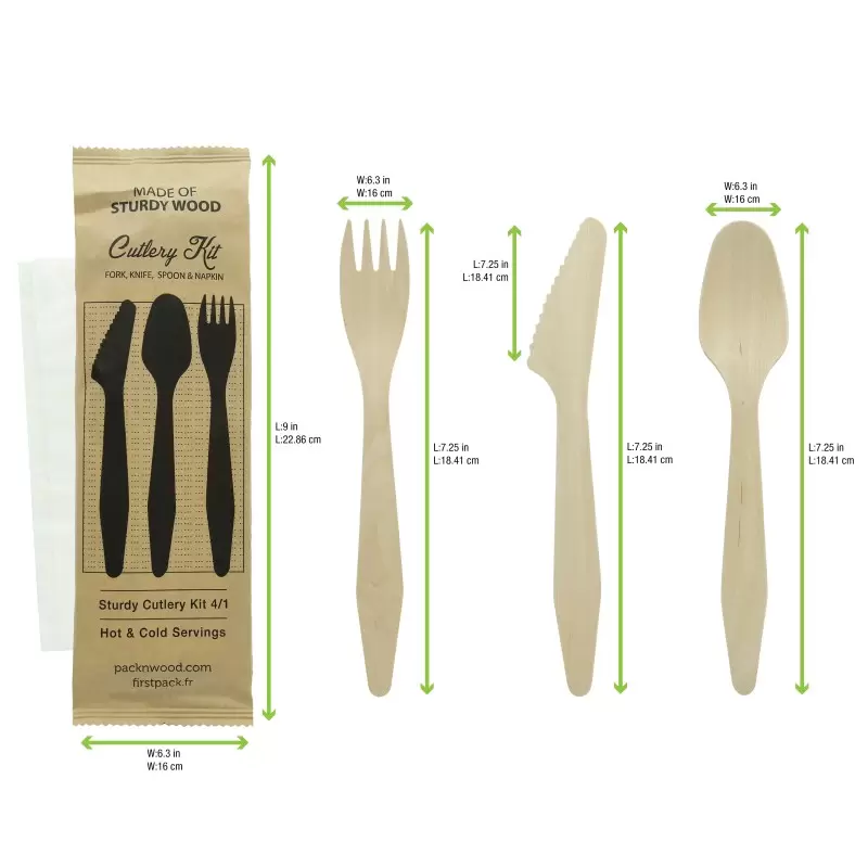 PacknWood Heavy Weight Wooden Cutlery 4-1 Kit (Knife + Fork + Spoon + Napkin) - 7.3'' - 250 pcs