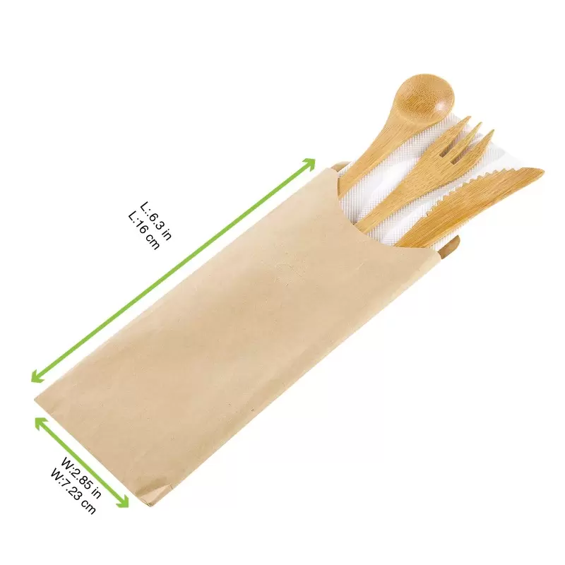 PacknWood Bamboo Cutlery 4-1 Kit (Knife, Fork, Spoon, Napkin) - 6.3'' - 250 pcs