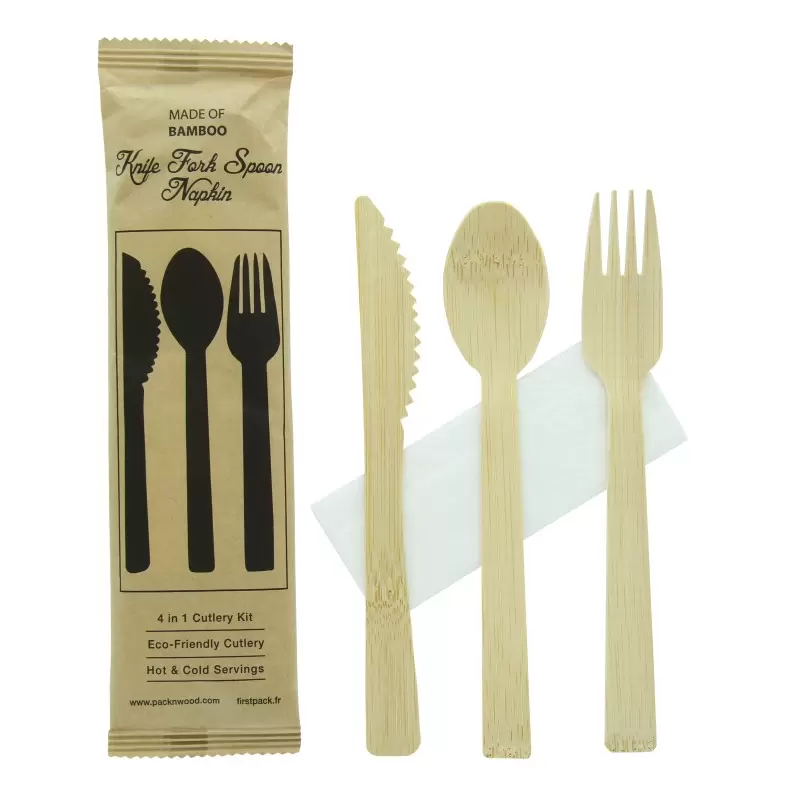 PacknWood Bamboo Cutlery Kit 4-1 (Knife, Fork, Spoon, Napkin) - 6.7'' - 100 pcs